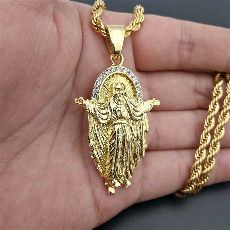 

Iced Out Jesus Crucifix Necklace & Pendant With Stainless Steel Chain Gold Color Bling Cubic Zircon Men's Hip hop Jewelry Gi