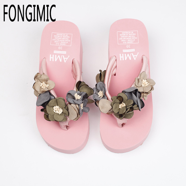 

Summer Women Slippers Bohemia Sho Comfortable High End Beach Vacation Handmade Flowers Wedg Non-slip Flip Flops, Pink