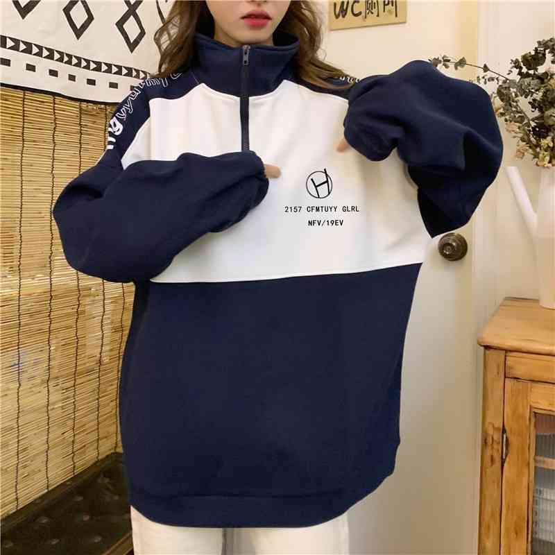 

Long sleeve cotton 2021 autumn winter new high collar zipper sweater women's contrast letter Pullover Jacket student, Navy (thin)
