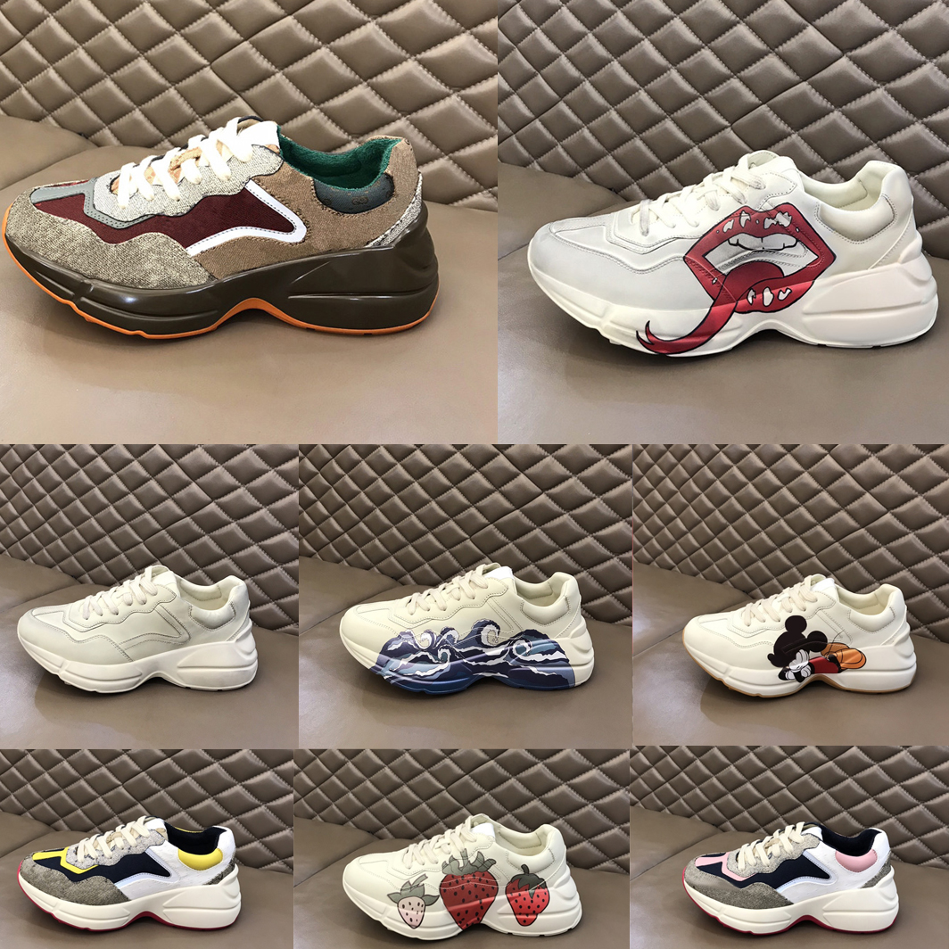 

Rhyton Designer Shoes Luxury Vintage Sneakers Platform Trainers Strawberry Wave Mouth Trainer Dad Sneaker Tiger Web Print Shoe With box, Color 17