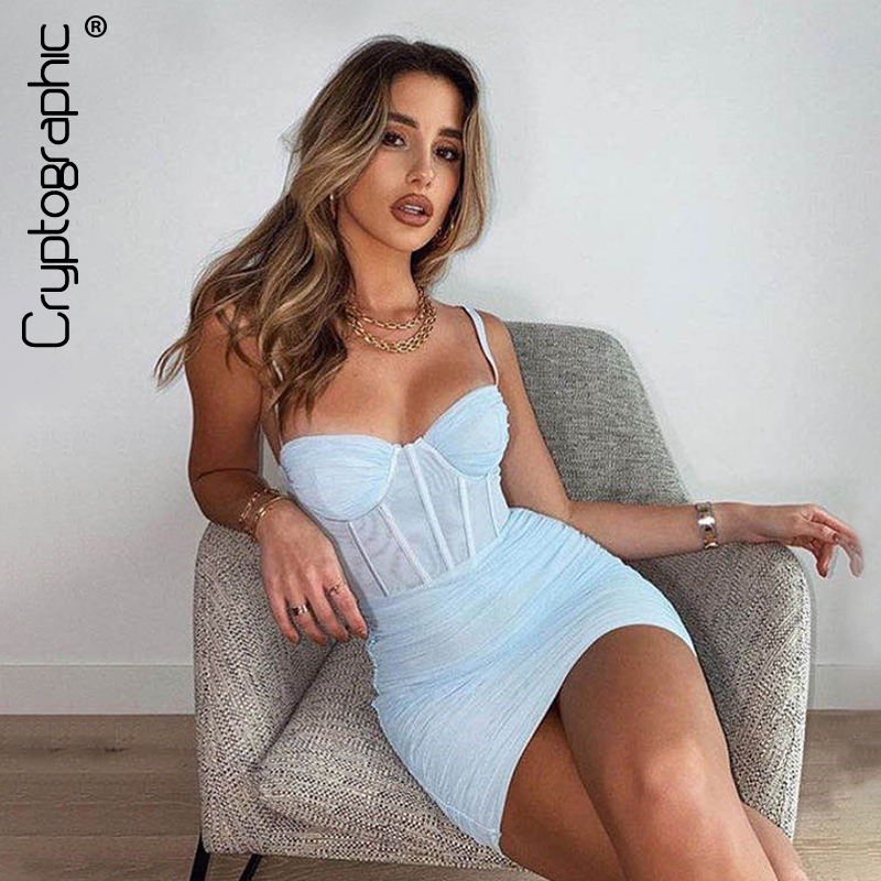 

Cryptographic Fashion Mesh Ruched Mini Dress Sleeveless Party Night Club 2021 Summer Gown Sexy Backless Dresses See Through, Beige