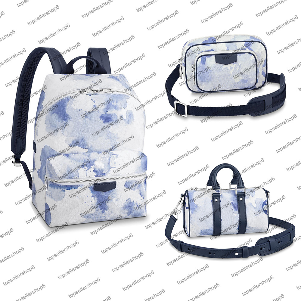 

M45760 Top end DISCOVERY BACKPACK Men Designer bag Watercolor Blue canvas OUTDOOR POUCH genuine Cowhide leather satchel purse shoulderbag XS handbag crossbody, Invoice/no pay