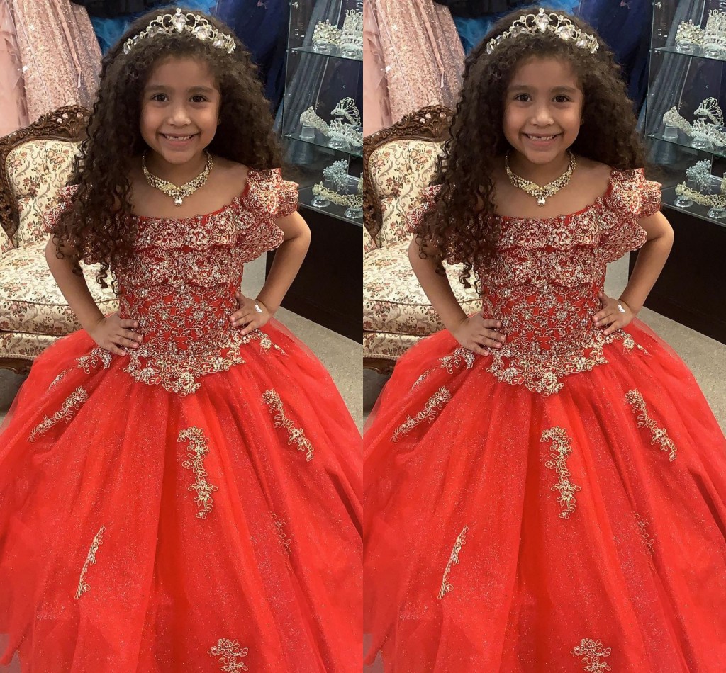 

2022 Red and Gold Embroidery Girls Pageant Prom Dresses off the Shoulder with Sleeve BallGown Long Glitter Sequined Tulle Ruched Flower Girl First Communion Dress, Hunter
