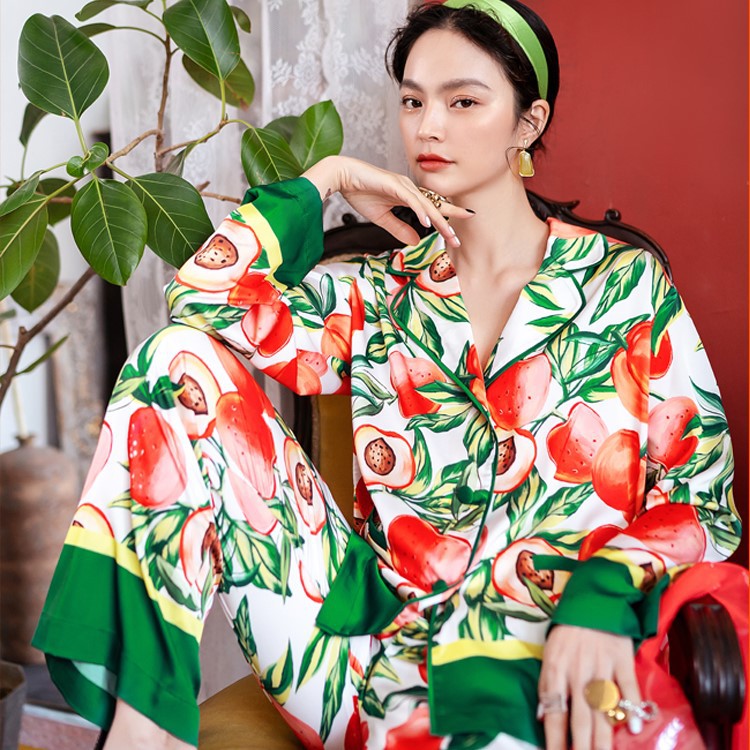 

Peach Print Women Nightwear Suit Casual Loose Ladies Pajamas Home Cloth Summer Simulation Silk Girl Sleep Wear, Blue;gray