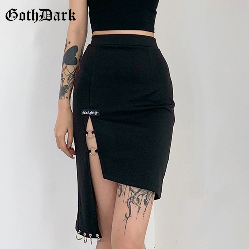 

Goth Dark Gothic Punk Grunge Black Mini Skirts Harajuku High Waist Women Pencil Skirt Sexy Skinny Patchwork With Ring Clubwear