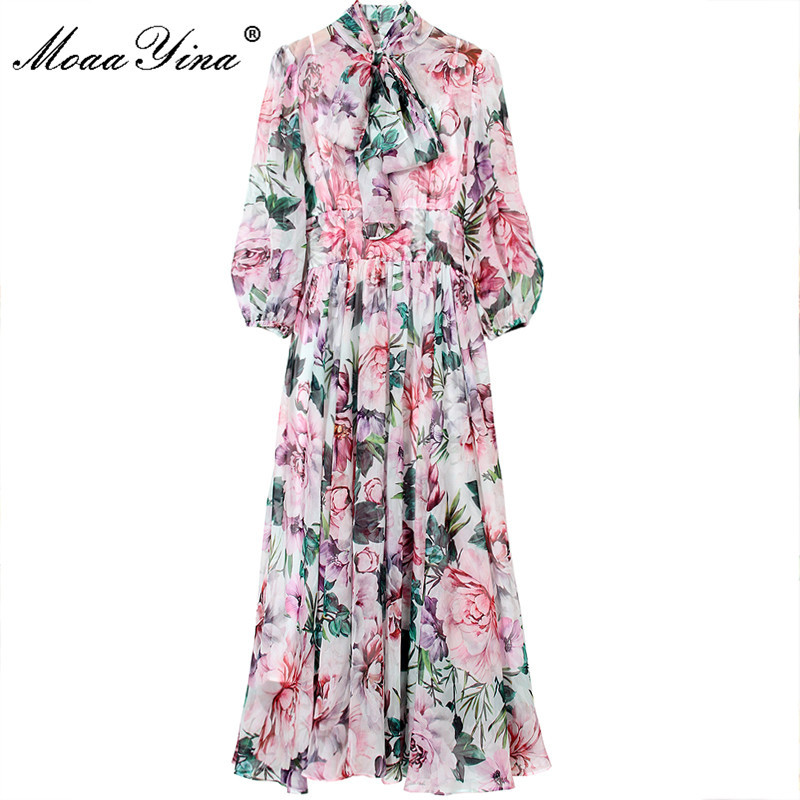 

Fashion Runway Summer Floral Holiday Dress Women' Bow Tie 3/4 sleeve Printed Elegant Chiffon Vintage Party Midi 210524, Multi