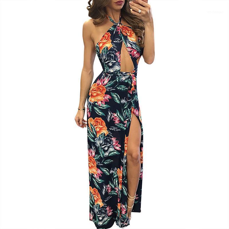 

Casual Dresses Women Floral Print Long Dress Spaghetti Straps Sleeveless High Waist Hollow Out Side Split Halter Backless Female, Black
