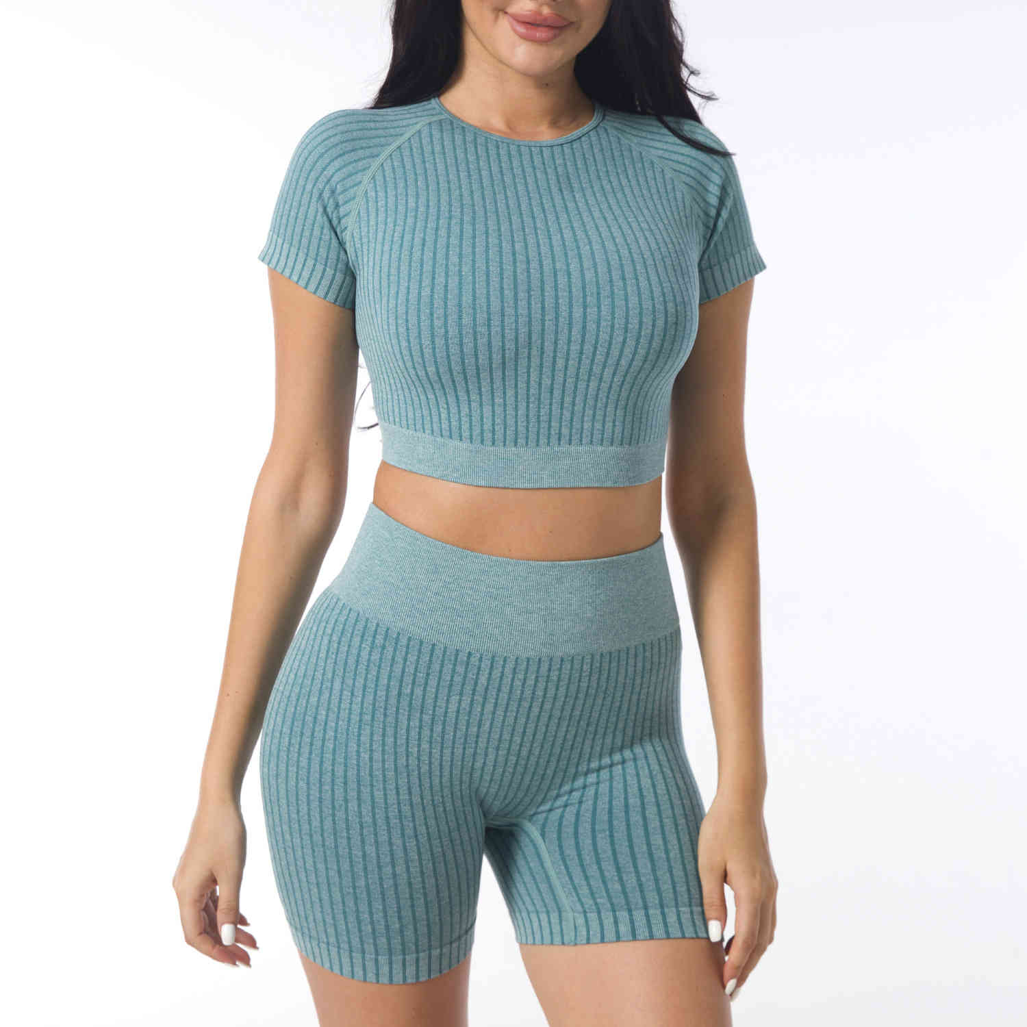 

Sports top high waist YOGA SHORTS striped quick drying clothes fitness knitted Yoga suit women, Blue