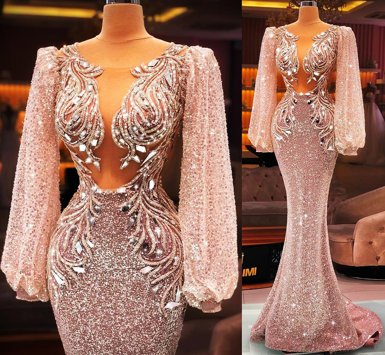 

Sparkly Arabic Sexy Pink Sequined Prom Dresses Beaded Crystal Long Sleeve Mermaid Evening Dress Custom Made Party Second Reception Gowns, Water melon