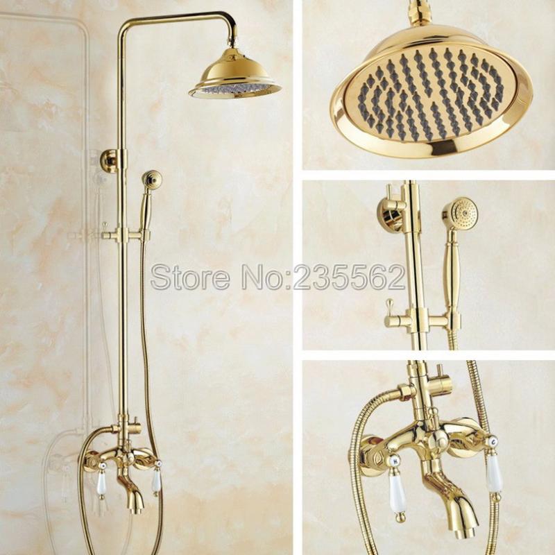 

Gold Color Brass Bathroom Ceramic Handle Rain Shower Faucet Set Wall Mounted Bathtub Mixer Tap W/ Hand Spray Lgf423 Sets