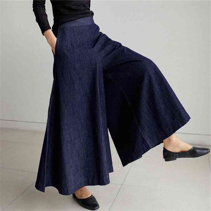 

Qooth Women High Waist Over Length Jeans Pants lLoose Trousers Pockets Elastic Female Wide Leg Denim QT208 210629, Blue