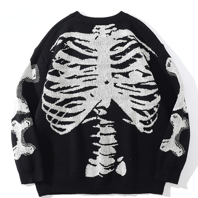 

Men's Sweaters Men Oversized Sweater Black Loose Skeleton Bone Print Women Vintage Retro Knitted 2021 Autumn Cotton Pullover Unisex, Hei