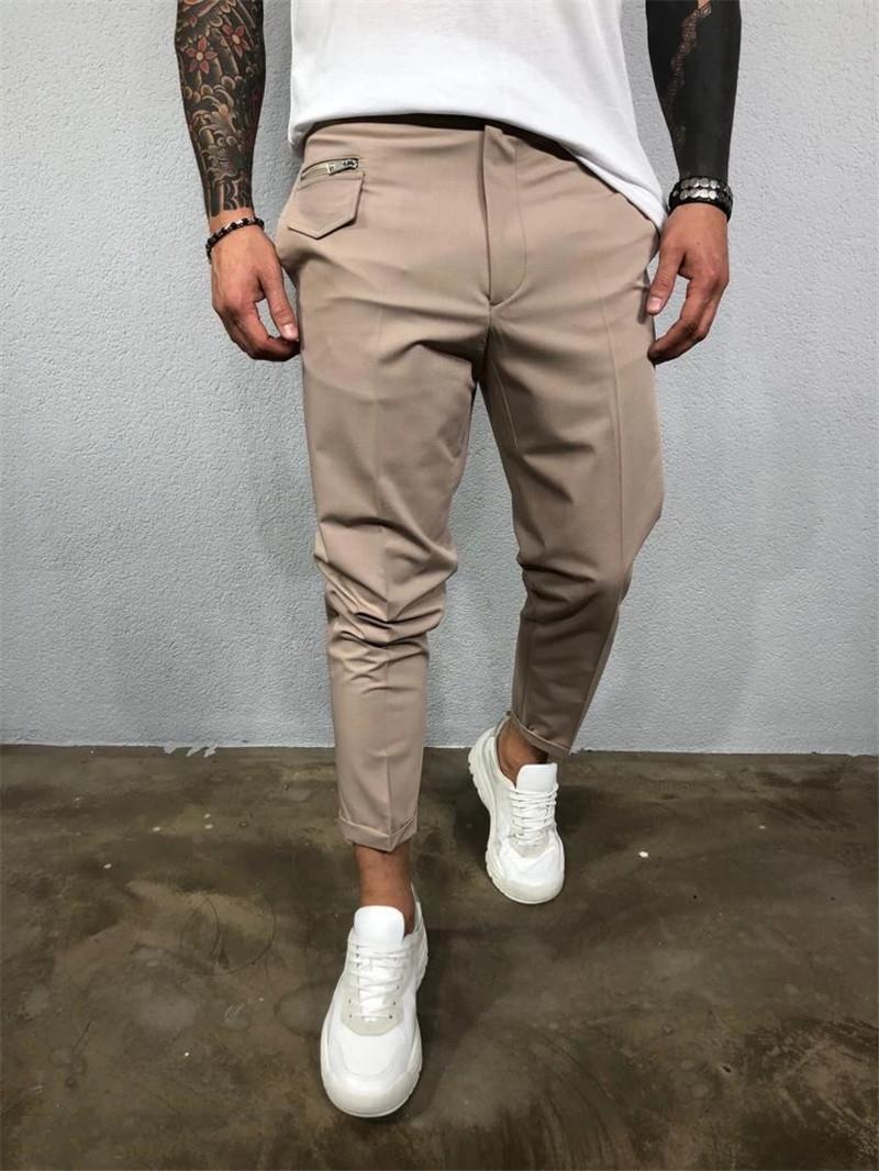 Mens Designer Solid Color Pencil Pants Casual Mid Waist Capris Pants Button Fly Pants with Pockets