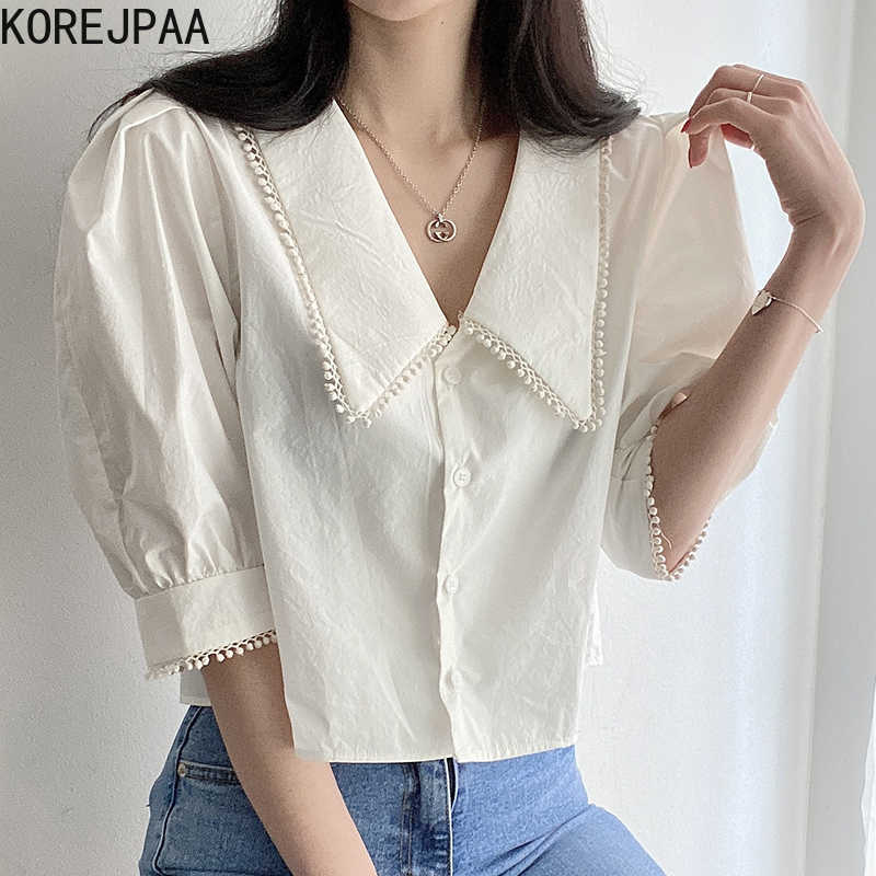 

Korejpaa Women Shirt Summer Korean Chic Sweet Age Reducing Lapel Lace Single-Breasted Loose Versatile Puff Sleeve Blouses 210526, Blue