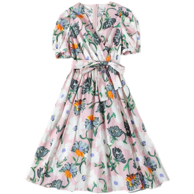 

Banulin Women Dresses Summer Runway Fashion Floral Print Vintage V Neck Short Puff Sleeve Bow Belt Mini N77038 210603, Mixed color