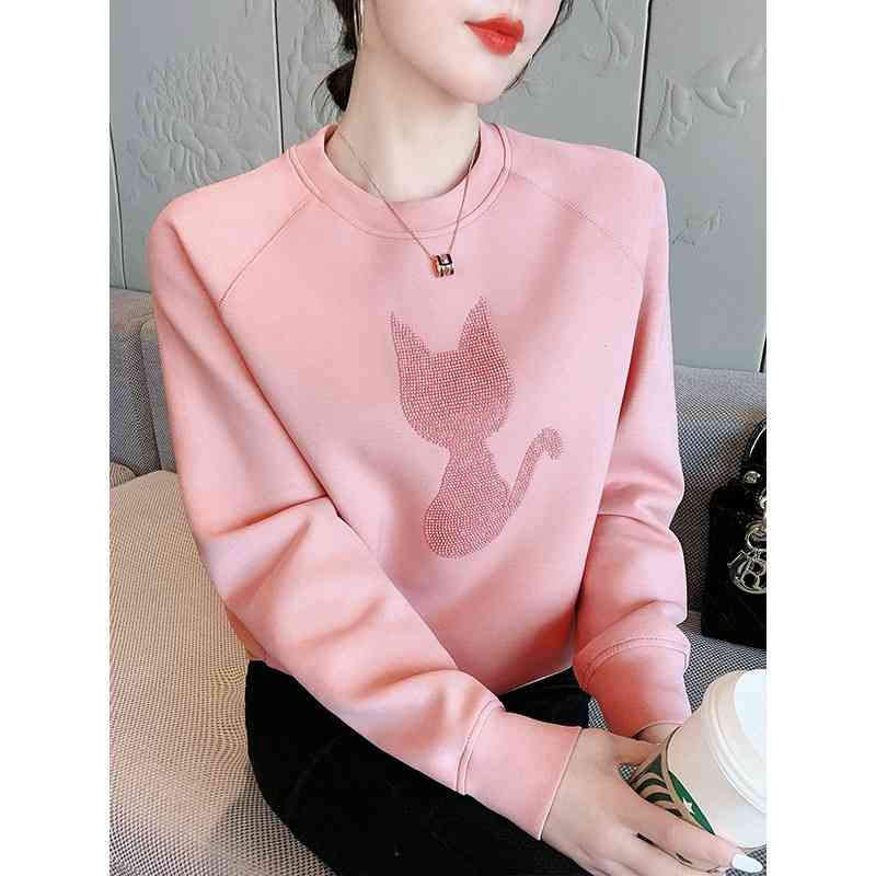 

Shangweiluo heavy industry sweater 2021 new round neck design sense space cotton pink hoodless loose Korean top, Black