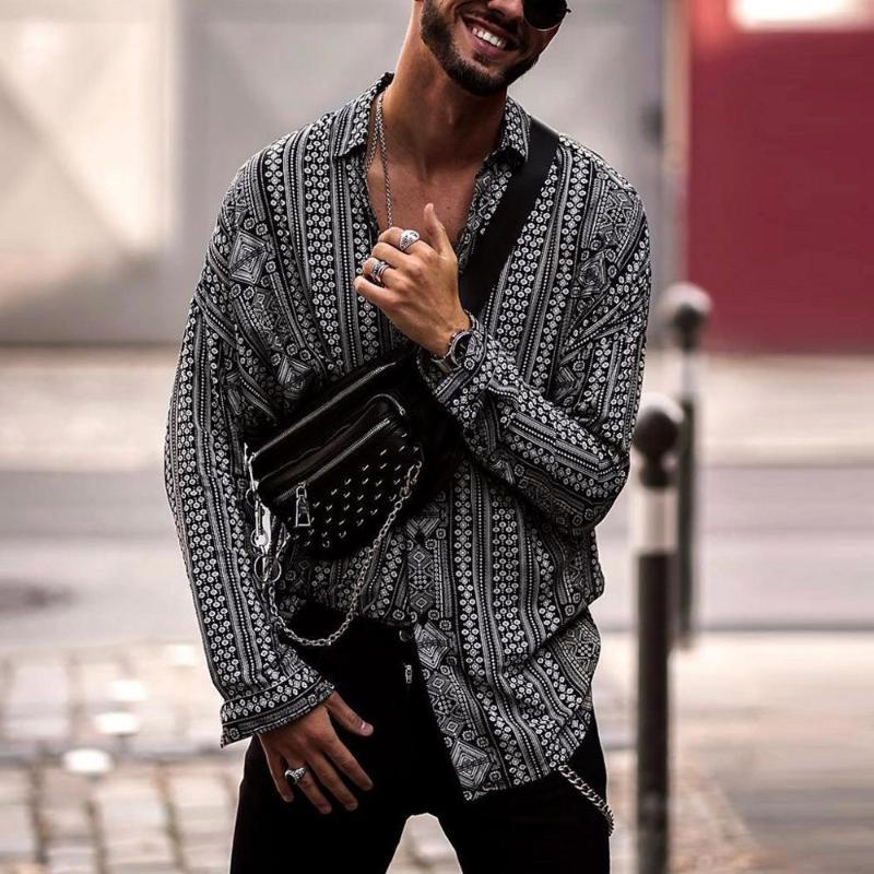 

2020 Ethnic Style Printed Shirt Men Lapel High Street Button Vintage Camisa Long Sleeve Mens Brand Hawaiian Shirts S-3XL, White;black