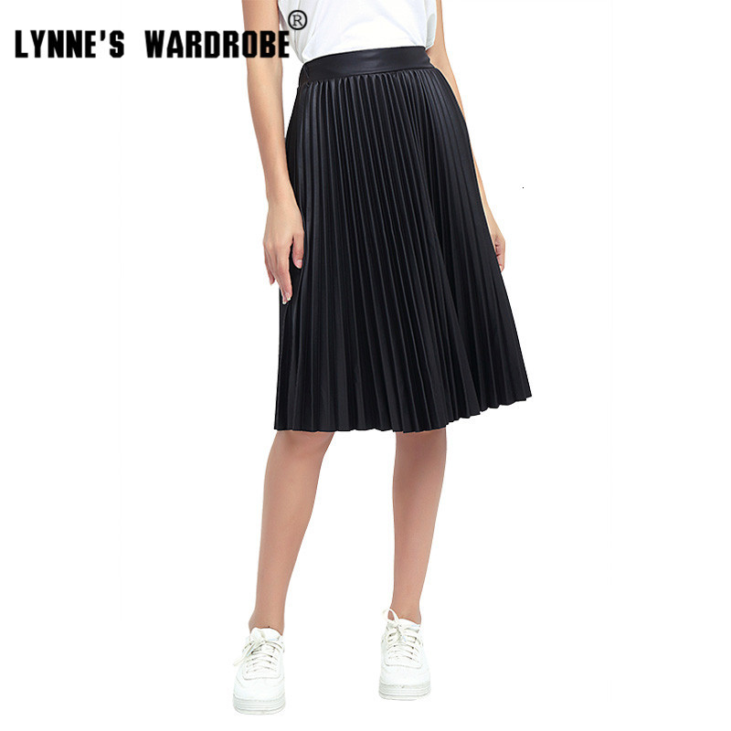 

Casual Dresses Autumn Synthetic PU Leather Knee Length Skirts High Elastic Waist Elegant Spring A-line Pleated Midi JX44, Black
