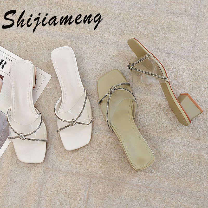 

Fashionable Small Fragrance Half Support Women's Sandals 2021 Summer Korean Shoes Square Head Thick Heel Cool Drag Slippers, Black