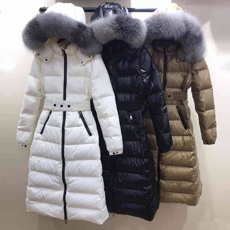 

leather Women Coat Long Fashion Female High Quality White Duck Down Jaket Large Real Fox Fur Collar Windbreak Warm, Black
