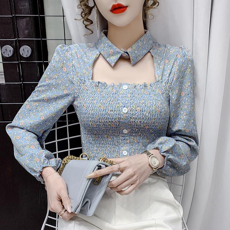 

Women's Blouses & Shirts Hollow Out Fashion 2021 Spring Summer Women Blouse High Waist Elegant Chiffon Floral Print Square Collar Cropped Ti, White