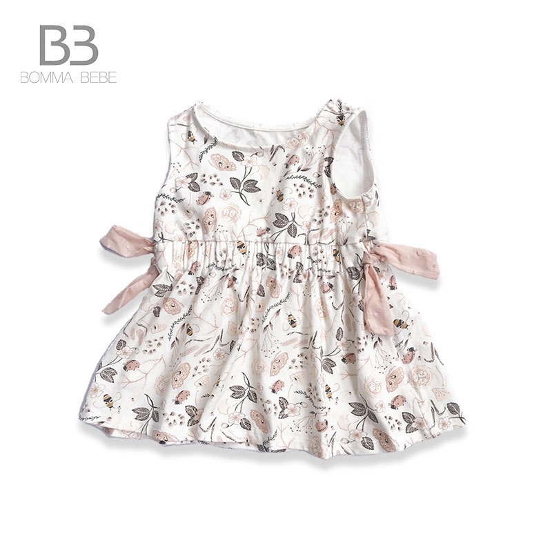 

Cotton cartoon printed dress women's bow children's summer princess sleeveless skirt, Lotus root starch color