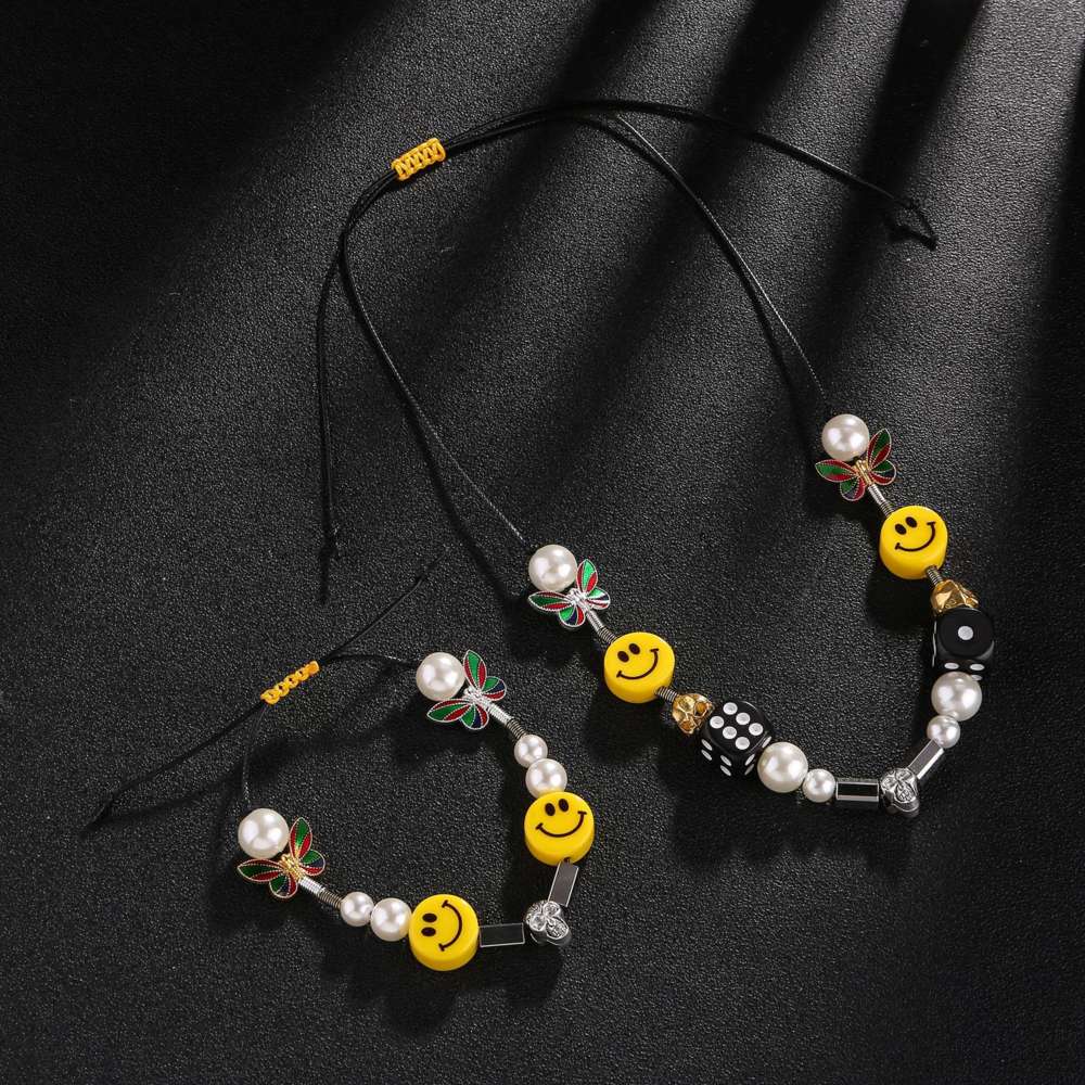 

Link ASAP rocky Wu Yifan same hip hop personality dice pearl butterfly skull smile Necklace, Silver