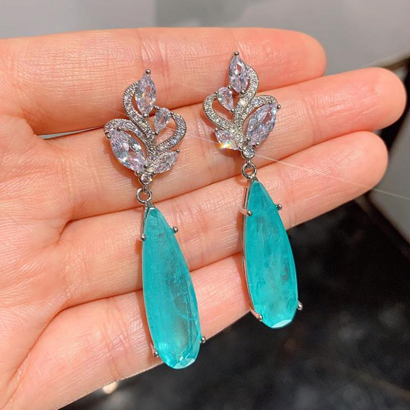 

Dangle & Chandelier Luxury Pear Shape Lab Diamond 10*30mm Emerald Paraiba Tourmaline Stone Drop Earrings Cocktial Party Jewelry Elegant Wome, Silver