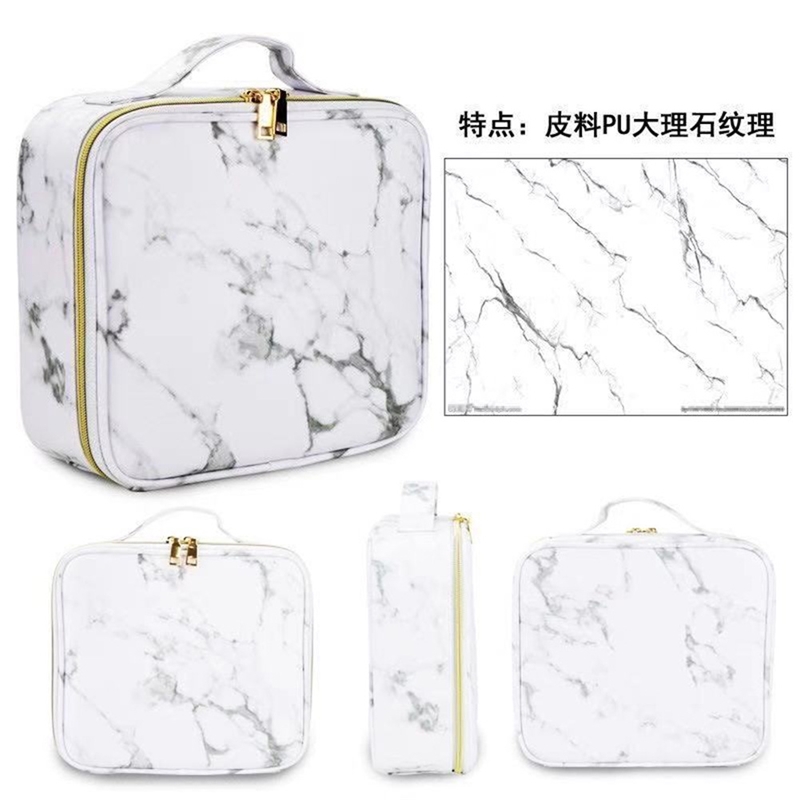 

Large capacity cosmetic out portable PU waterproof travel partition handbag tattoo and makeup storage box, White marbling