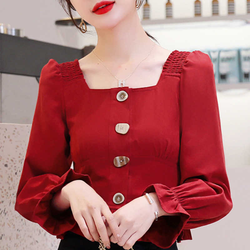 

Blusas Mujer De Moda Spring Long Sleeve Chiffon Blouse Women Shirts Slash Neck Blouse Women Womens Tops And Blouses C399 210602, Red