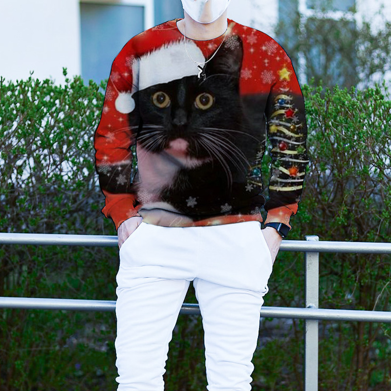 

Men's Christmas 3D Long Sleeve Sleeveless Sweater Print Christmas Animal Cat Pattern Clothing, White;black