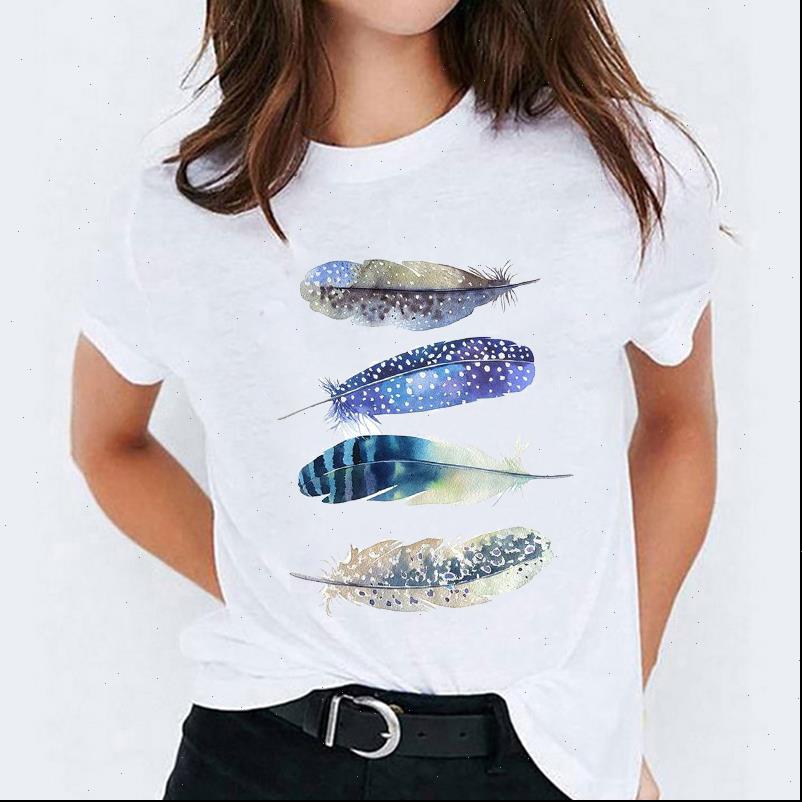 

feather casual summer autumn women t shirt short sleeve print graphic tee, White