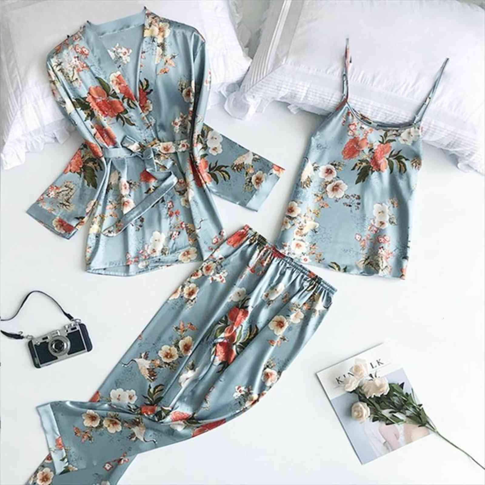 

3pcs silk robe set women sleepwear sleepsuit lace pajamas gown v neck nighties wear pijama home nightwear spring nightdress, Black;red