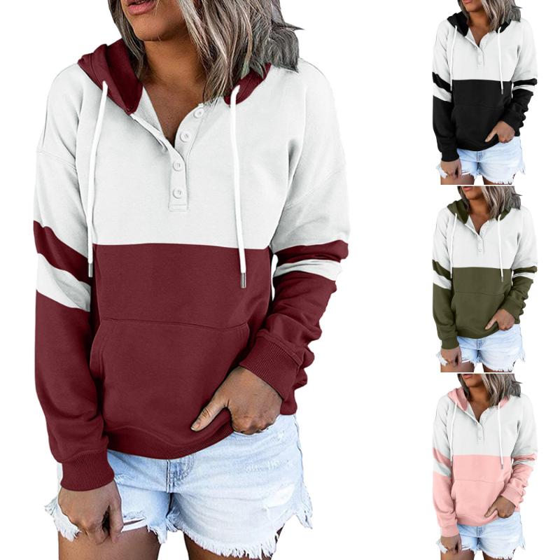 

Women's Hoodies & Sweatshirts Samdolly Women Casual Sweatshirt Colourblock Drawstring Thick Button Hooded Warm Jumper Sudaderas Winter Autum, Black