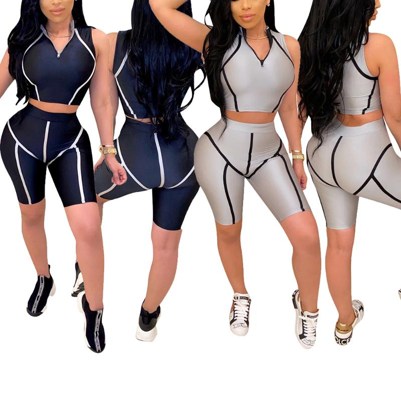 

Yoga Outfit Women's Sexy 2 Piece Set Fashion Stripes V Neck Sleeveless Tank Crop Top And Short Pants Club Rompers Suits