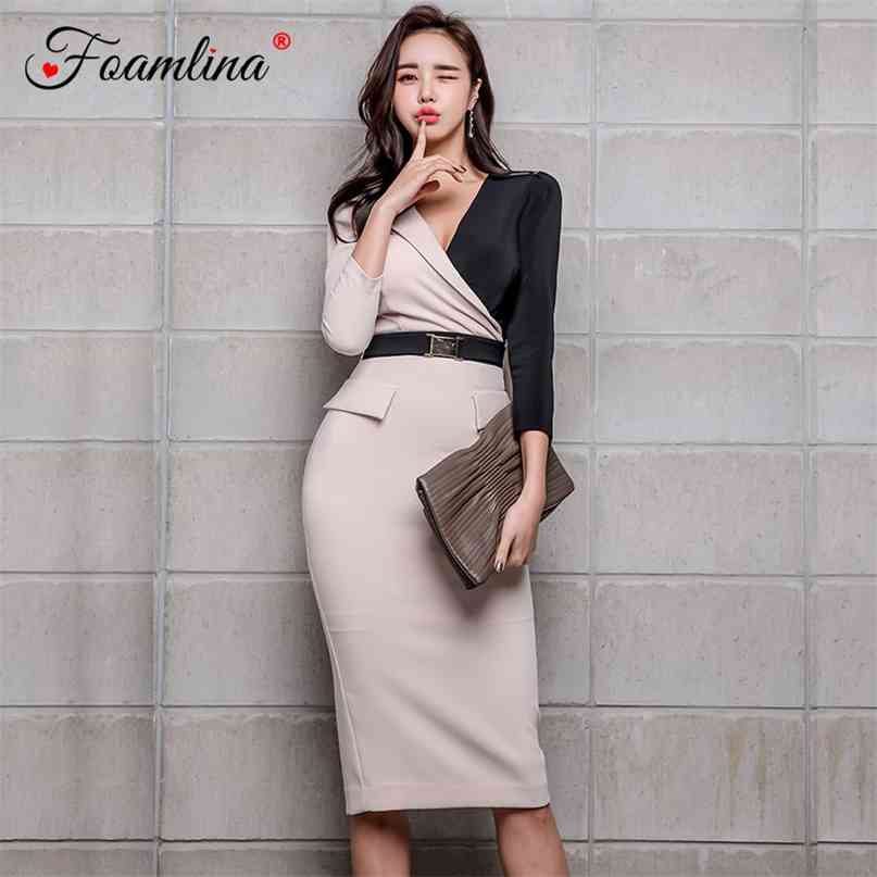 

Elegant Korean OL Style Women Work Pencil Dress Sexy V Neck 3/4 Sleeve Color Block Casual Female Office Business 210603, As picture