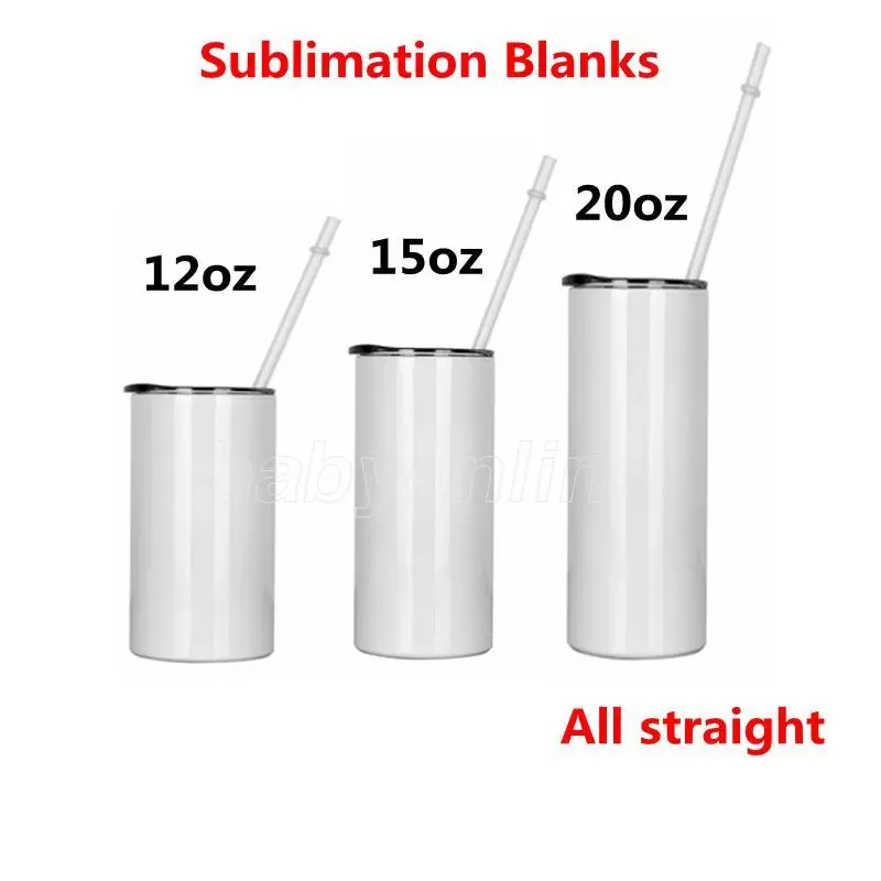 

12 15 20 oz Sublimation Straight Tumblers with Lid Straw Blank White Stainless Steel Car Cups Travel Mugs Insulated Water Bottle, White 15oz
