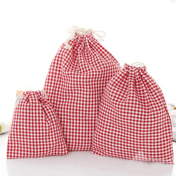 

Drawstring Cotton Linen Grid Stripe Gift Pouches Jewelry Bags Wedding Decoration Storage Bag