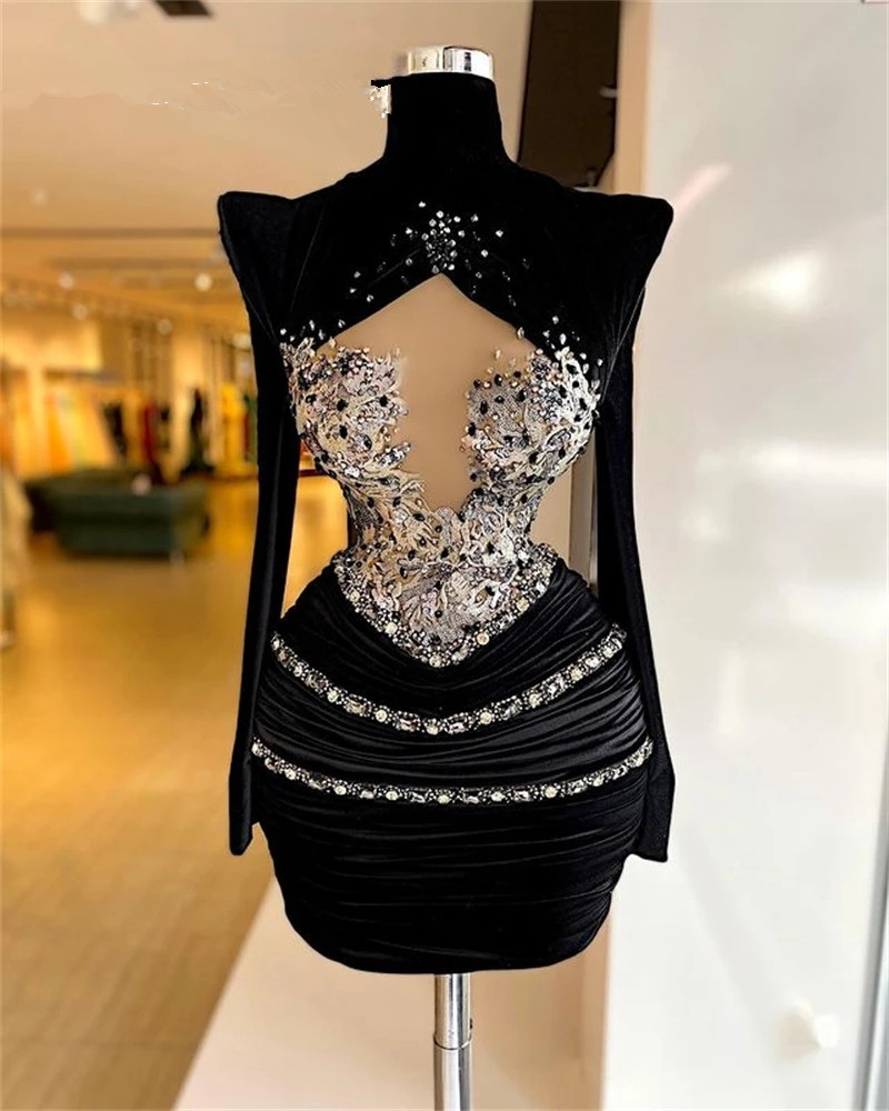 

2021 Black Velvet High Neck Short Prom Dress Evening Dresses For Women Mermaid Beaded Crystal Party Gown Pleats Mini Robes, Brown