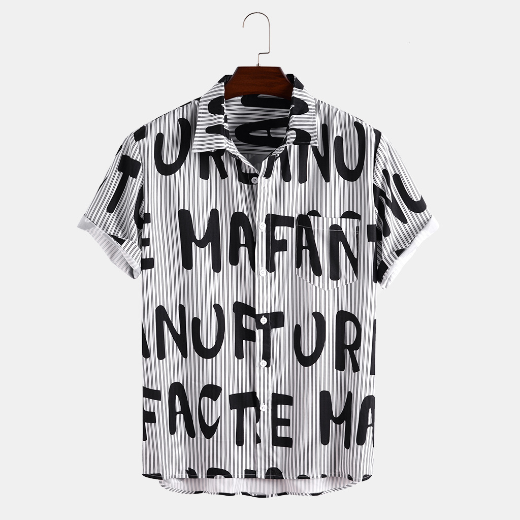 

Men' Casual Shirts European and American Short-sleeved Lapel Top Striped Letter Printing T0662 JI5S, White