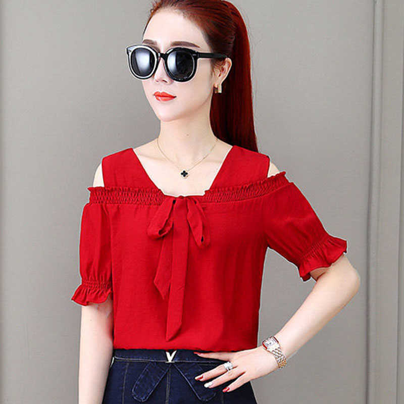 

Off Shoulder Women Spring Summer Style Chiffon Blouses Shirts Lady Casual Short Sleeve V-Neck Blusas Tops DF2920 210609, White