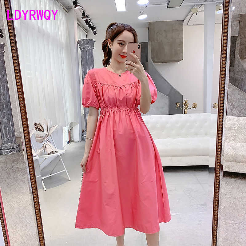 

summer style round neck solid color lace dress fashion swing Knee-Length Office Lady Loose 210603, Pink