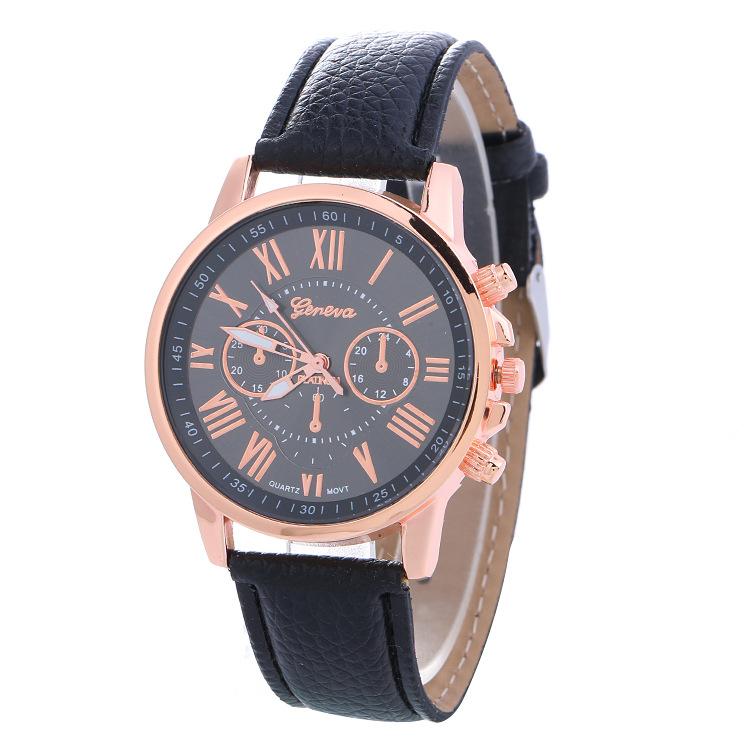 

Wristwatches 2021 Geneva Brand Rose Gold Case PU Leather Watches Women Men Casual Dress Quartz Wrist Watch, Black