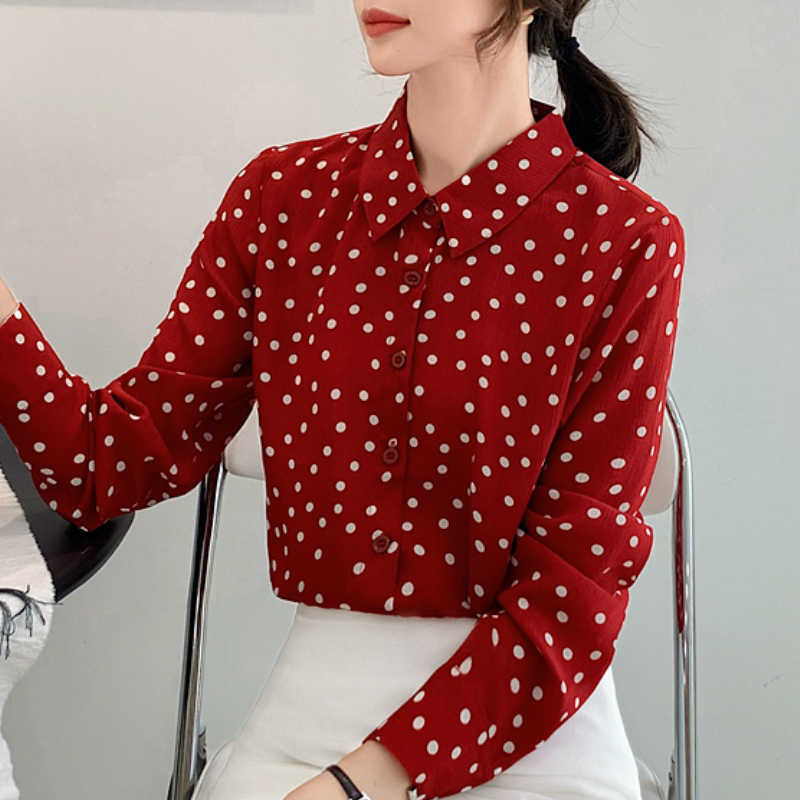 

Shirts Women Fashion Dot Red Chiffon Blouse Autumn Long Sleeve Women Shirts Turn Down Collar Office Ladies Tops Blusas B758 210602