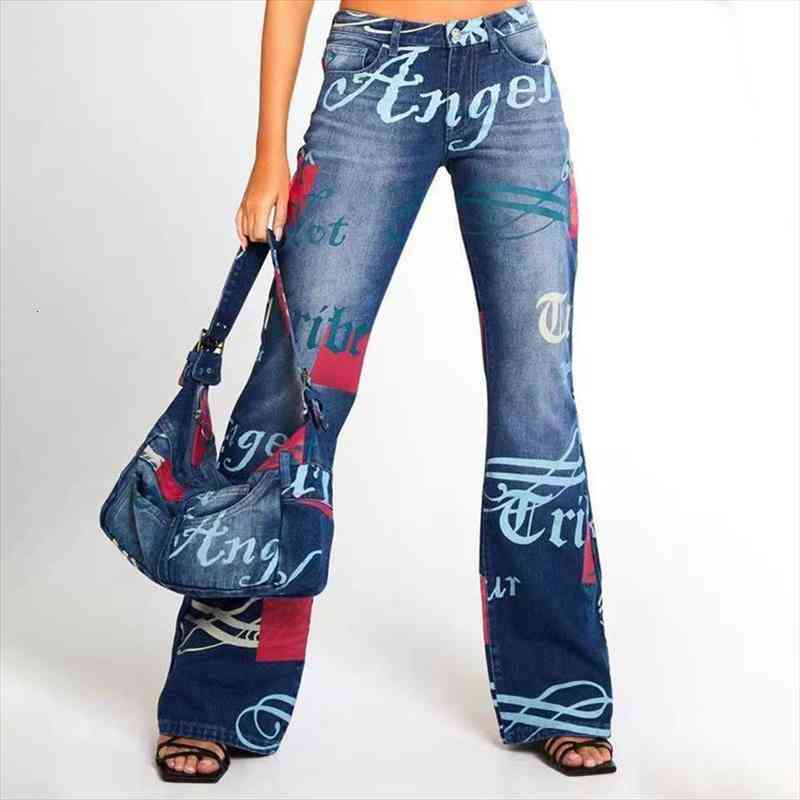 

fashion letter pattern blue vintage womens jean streetwear denim trousers wide leg pants lady casual flared