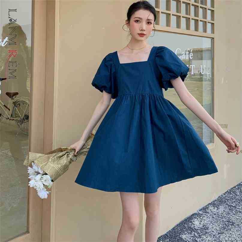 

Women Blue mini Dress Aquare Collar Short Puff Sleeve Loose Fit Female Fashion Summer Arrivals 2E1909 210526