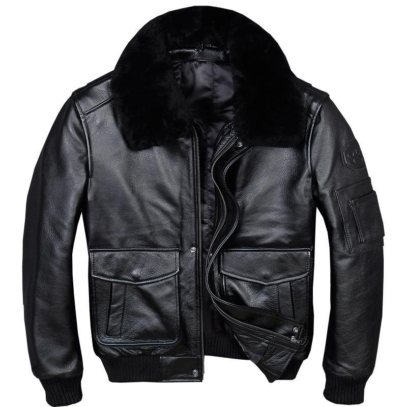 

Men' Leather & Faux 2021 Black Men USAF Pilot Jacket Wool Collar Plus Size 3XL Genuine Cowhide Winter Russian A2 Coat