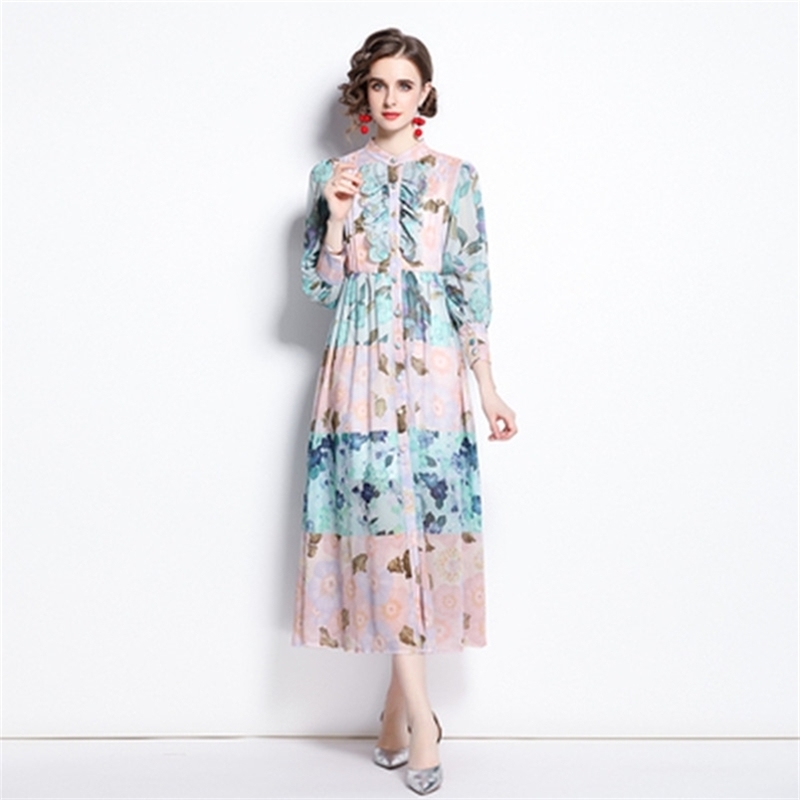 

Summer Women Ruffled Lantern Sleeve Chiffon Dress Stand Collar Loose Floral Printed Button Down Beach Maxi Dresses Sexy Vestidos 210603, Picture color