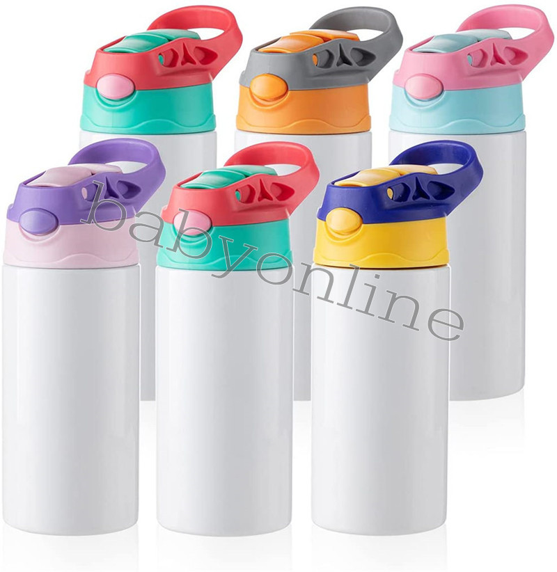 

Sublimation Blanks Kids Tumbler Baby Bottle Sippy Cups 12 OZ White Water Bottle with Straw and Portable Lid 5 Color Lids Sublimation Print FY4309, Extra fees not product