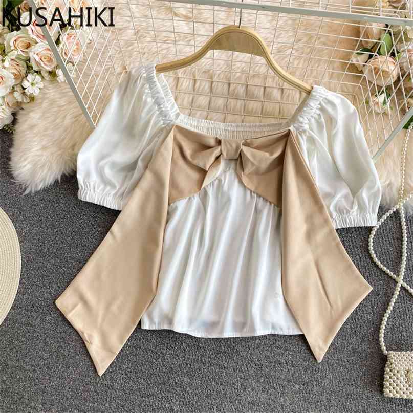 

Puff Sleeve Sweet Bowknot Ribbon Blouse Tops Causal Korean Short Shirt Summer Hit Color Blusas De Mujer 6J361 210603, White